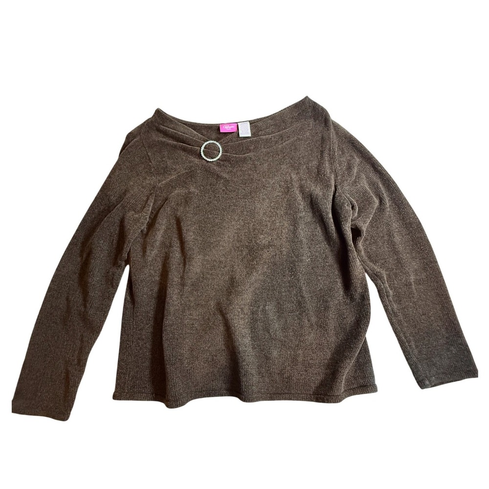 Pappagallo Petite Brown Knit Sweater Rhinestone Ring Boat Neck Long Sleeve PL